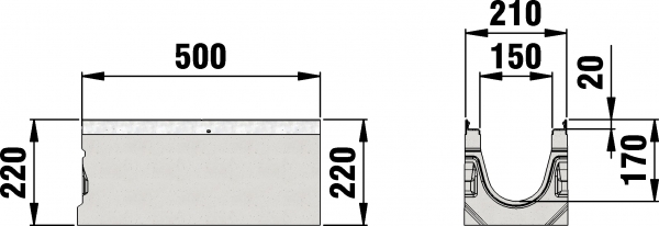Detail Tekening AMT50 B=150 - 500 mm draingoot